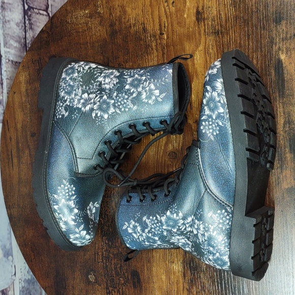 Blue Floral Vegan Leather Combat Boots - Picture 9 of 11